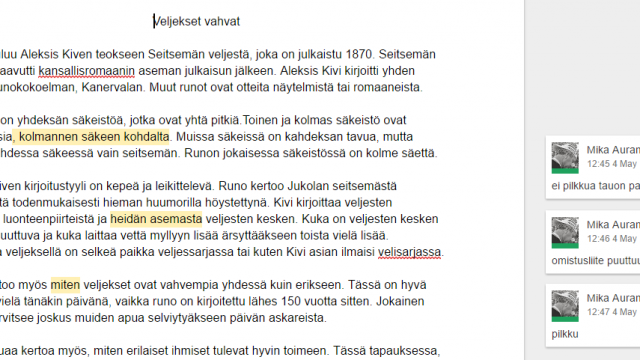 Korjausmerkintöjä Google Docsissa